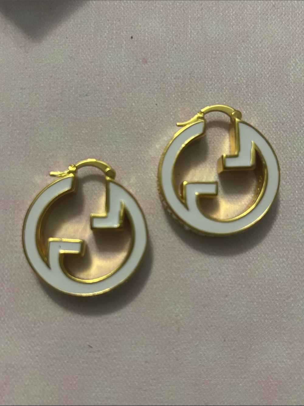 Gucci Gold and White Circular Logo-Style Hoop Earrings